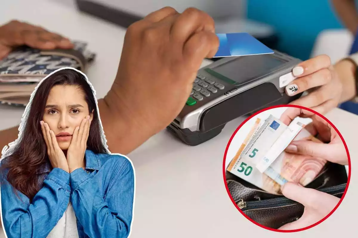 Imagen de fondo de una persona pagando en un datáfono con tarjeta, otra de una mujer con gesto de preocupación y una imagen de un monedero con billetes de euros