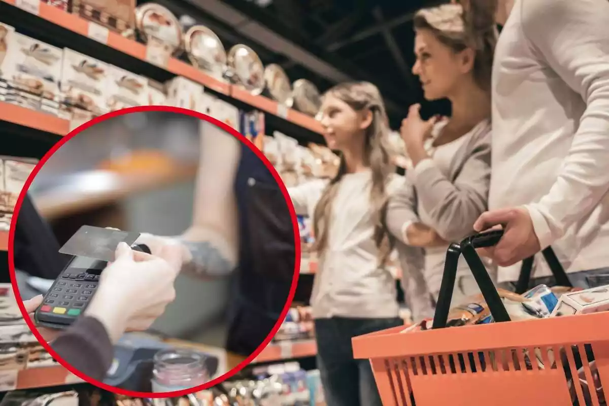 Imagen de fondo de una familia comprando en un supermercado y otra imagen de una persona pagando con tarjeta en un supermercado