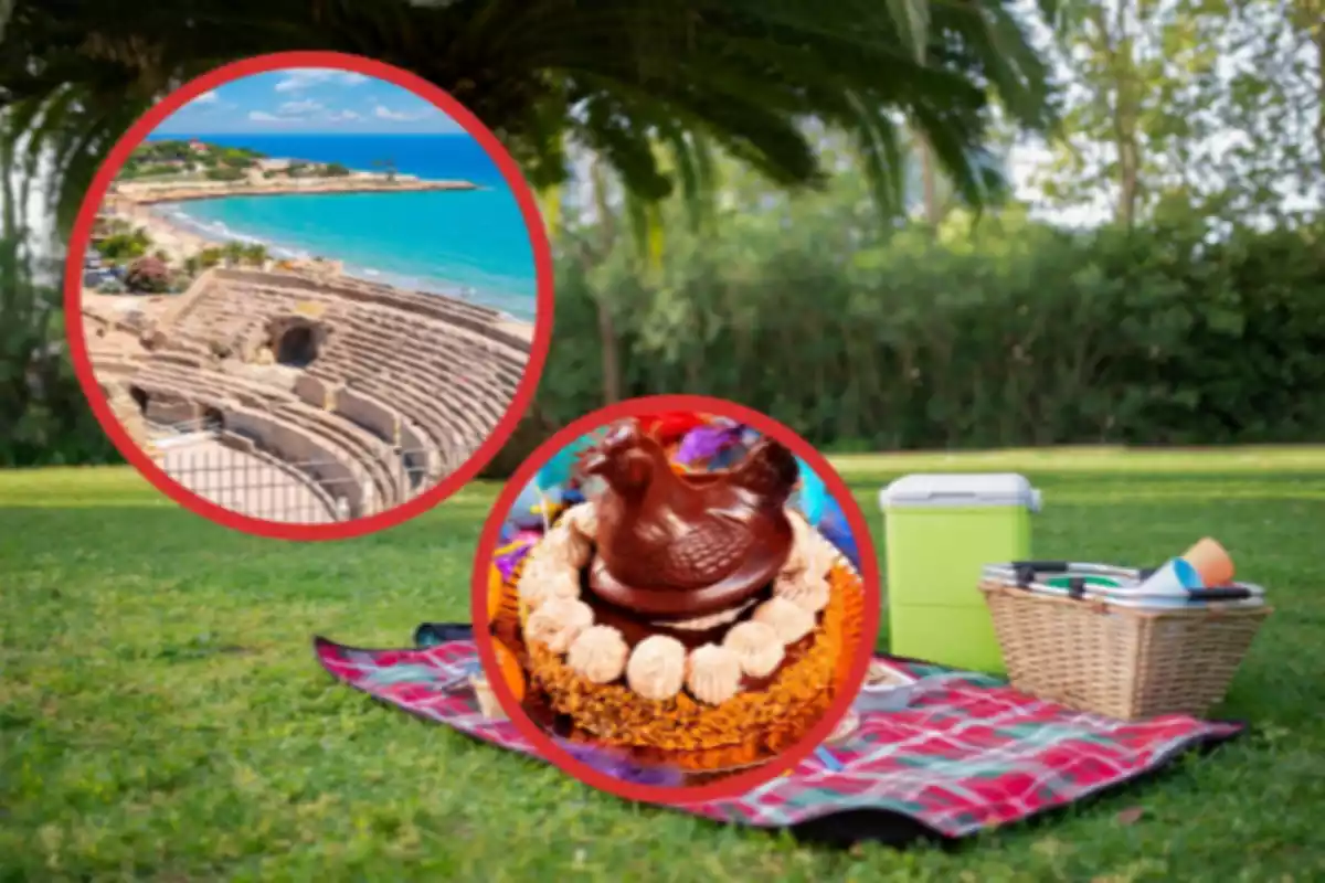 Un picnic y una imagen del amfiteatro de tarragona y de una mona de pascua