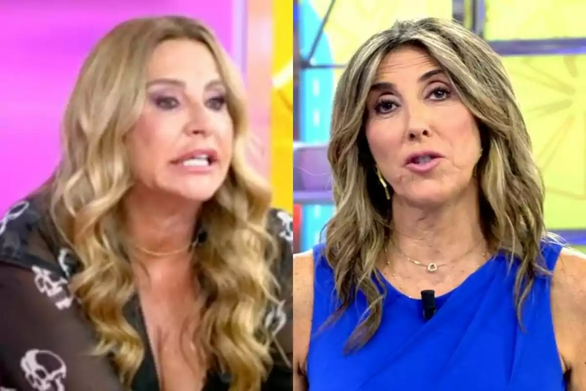 Cristina Tárrega y Paz Padilla con cabello rubio y largo aparecen en un programa de televisión, cada una en un set diferente, una con blusa negra y la otra con vestido azul.
