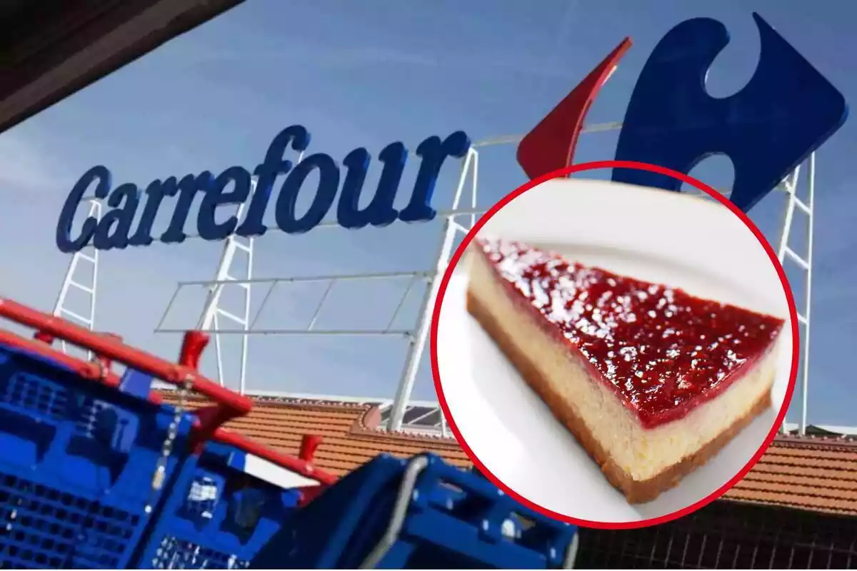 montaje con porción de tarta de queso en un círculo sobre fondo de exterior de Carrefour