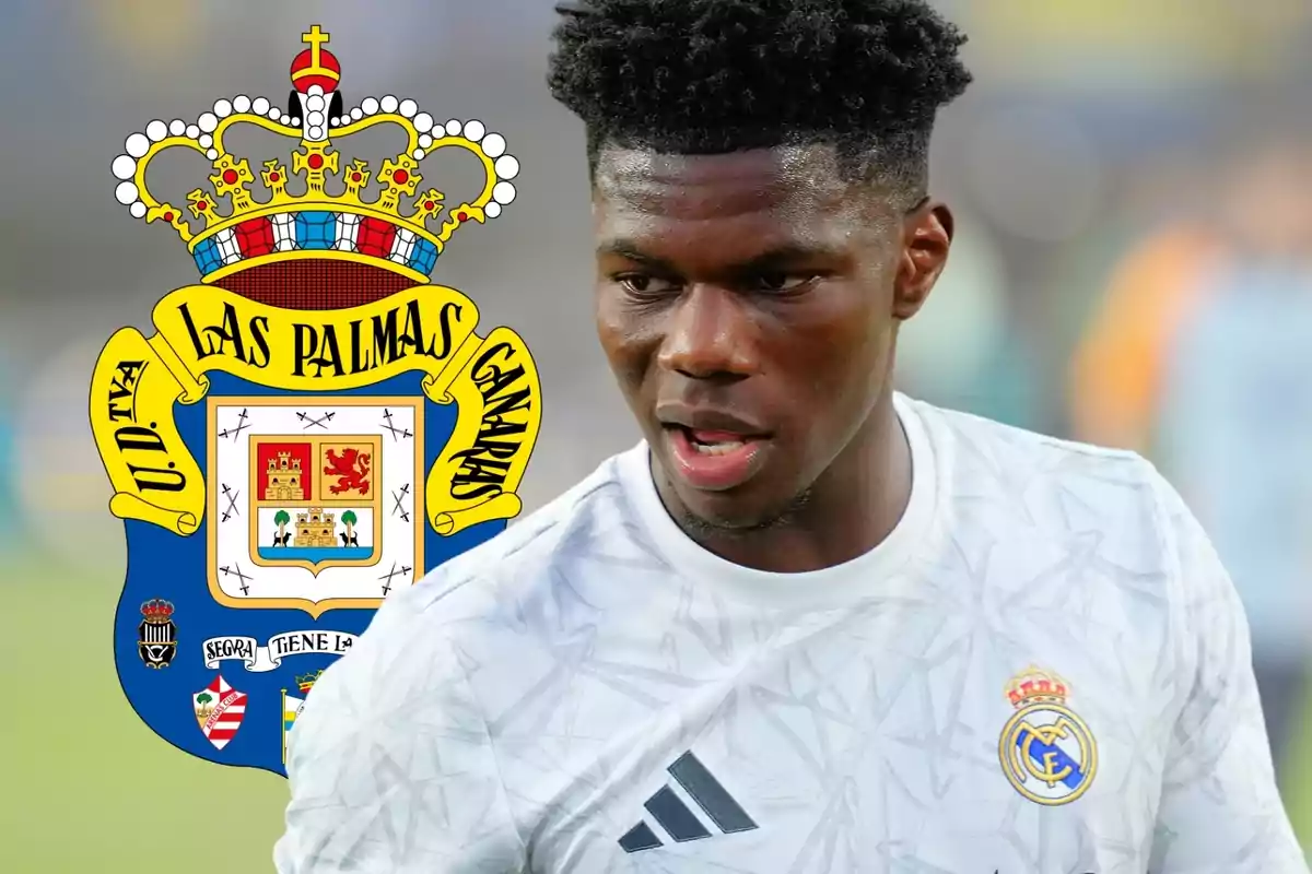 Un jugador de fútbol con camiseta blanca del Real Madrid aparece junto al escudo de la UD Las Palmas.