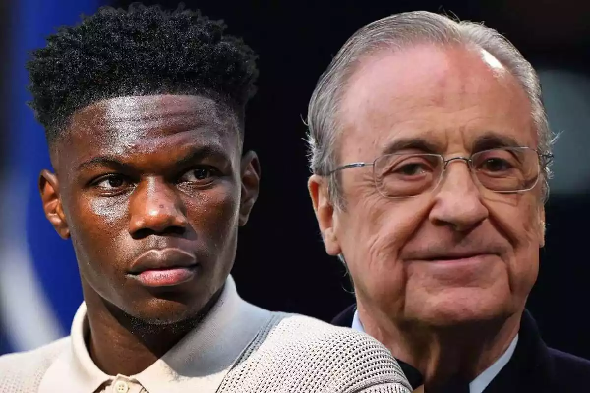 Imagen de Aurélien Tchoauméni junto a Florentino Pérez, presidente del Real Madrid