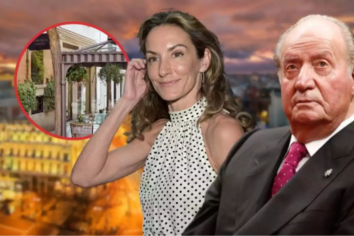 Telma Ortiz y Juan Carlos I sobre un fondo difuminado de Madrid. A su ziquierda un círculo rojo con una terraza