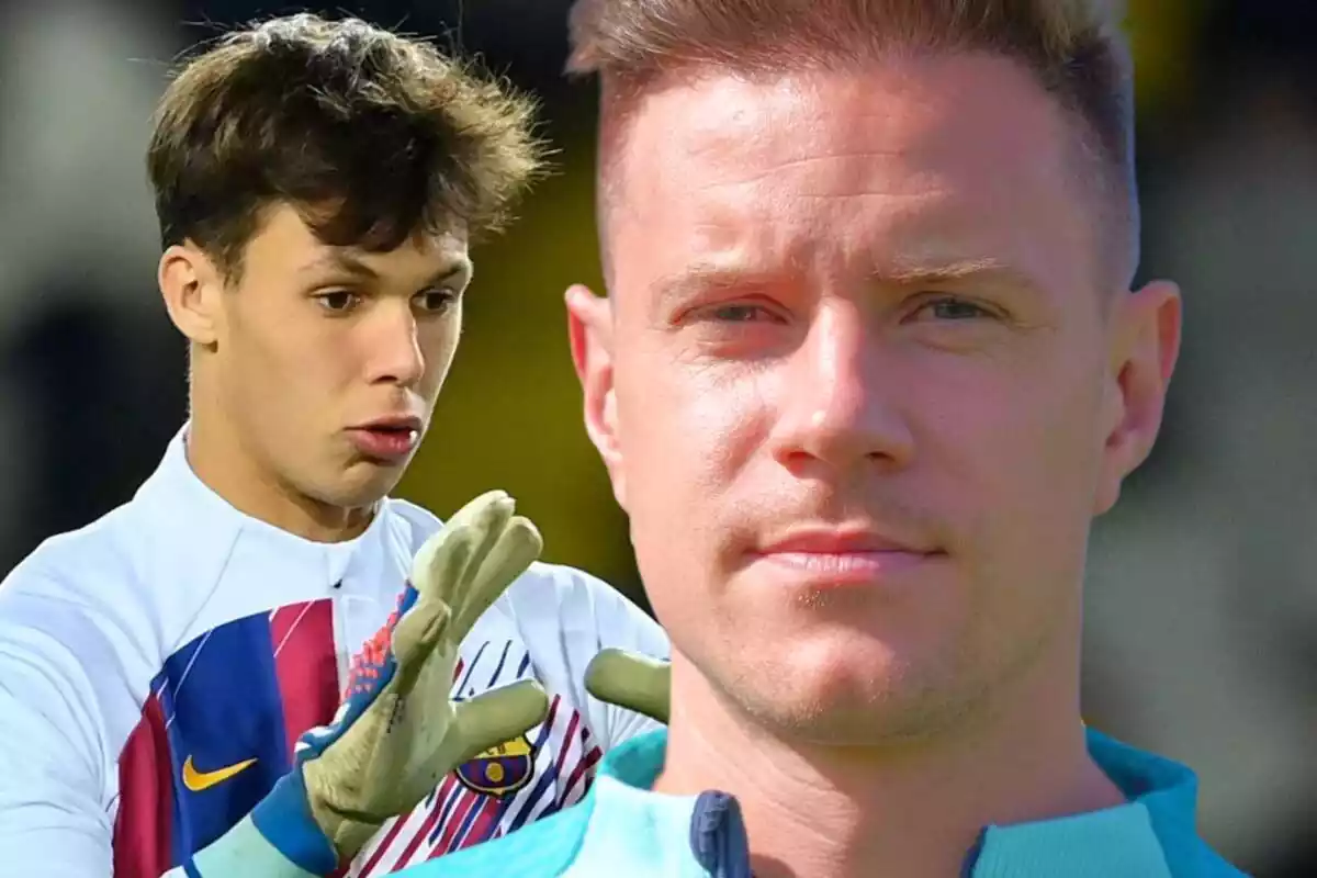 Ter Stegen en primer plano junto a Diego Kochen detrás parando una pelota