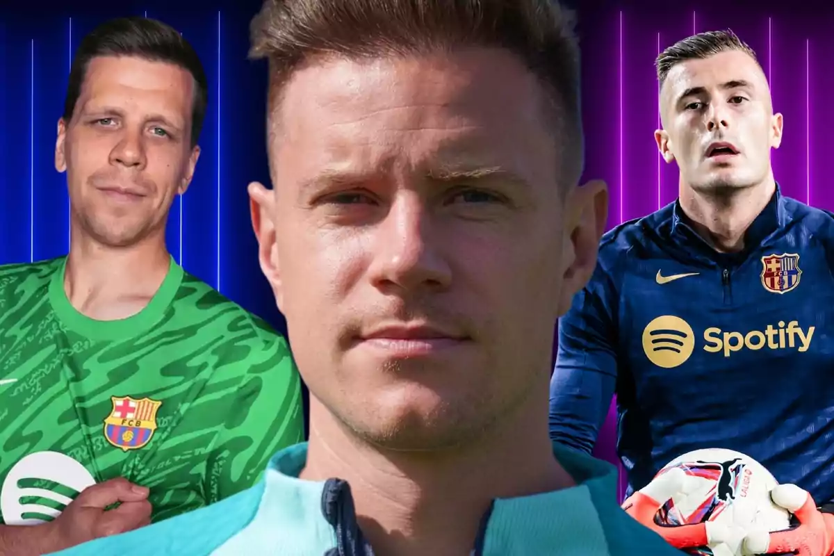 Tres futbolistas con uniformes del FC Barcelona posan frente a un fondo de líneas verticales azules y moradas.