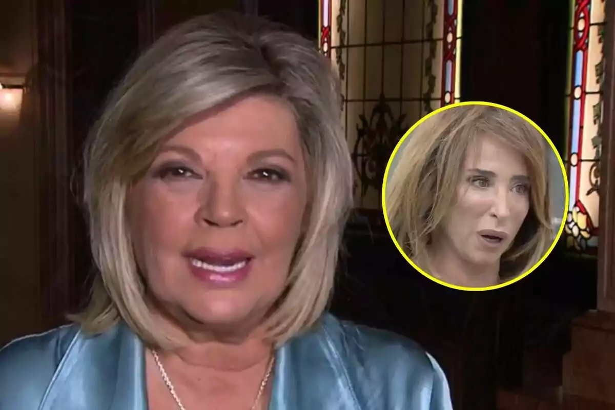 Terelu Campos con cabello rubio y chaqueta azul aparece en primer plano mientras María Patiño en La Familia de la Tele está en un círculo amarillo en la esquina superior derecha.
