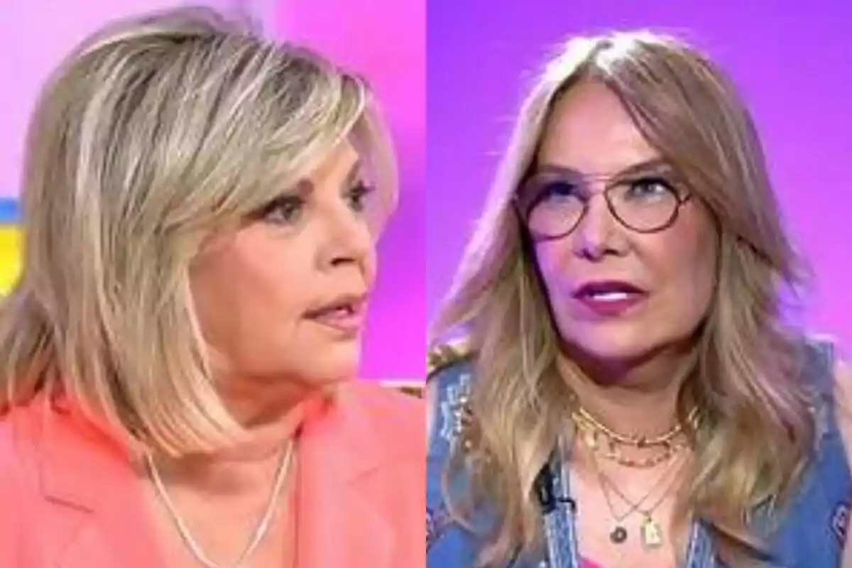 Terelu Campos y Belén Rodríguez conversando en un programa de televisión con fondo de colores brillantes en Tardear.