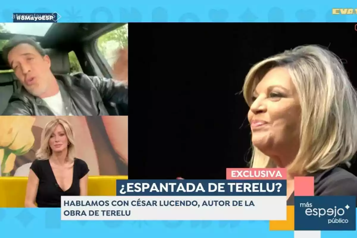 En la imagen se observa 'Espejo Público' con varias personas participando, incluyendo Susanna Griso en un estudio y César Lucendo en una videollamada desde un automóvil. A la izquierda, Terelu Campos. En la imagen se observa 'Espejo Público' con varias personas participando, incluyendo Susanna Griso en un estudio y César Lucendo en una videollamada desde un automóvil. A la izquierda, Terelu Campos.