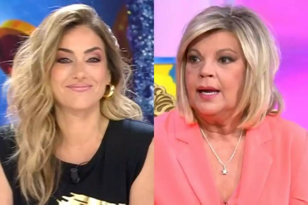 Verónica Dulanto y Terelu Campos, una con cabello largo y ondulado rubio, vestida de negro, y otra con cabello rubio corto, vestida con chaqueta rosa, ambas en un set colorido.