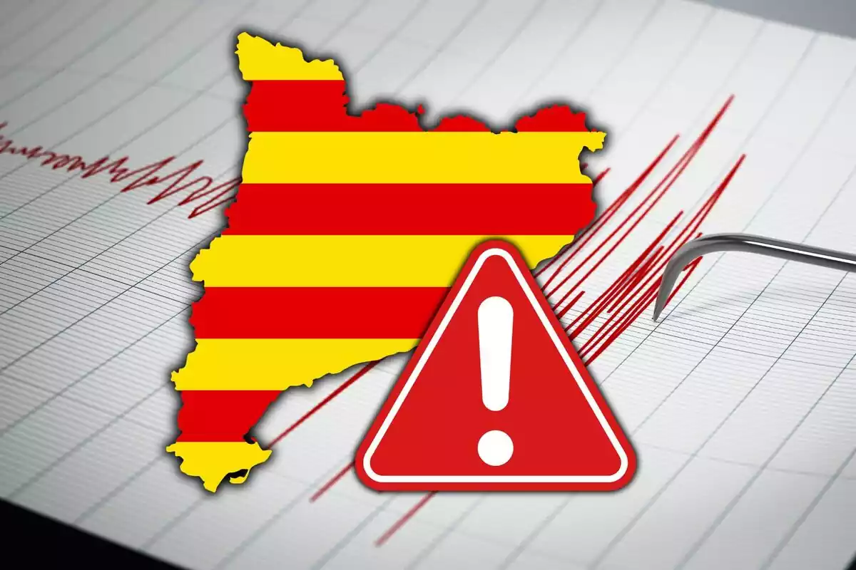 Silueta de Cataluña con emoji de peligro y una foto de fondo de un terremoto siendo registrado