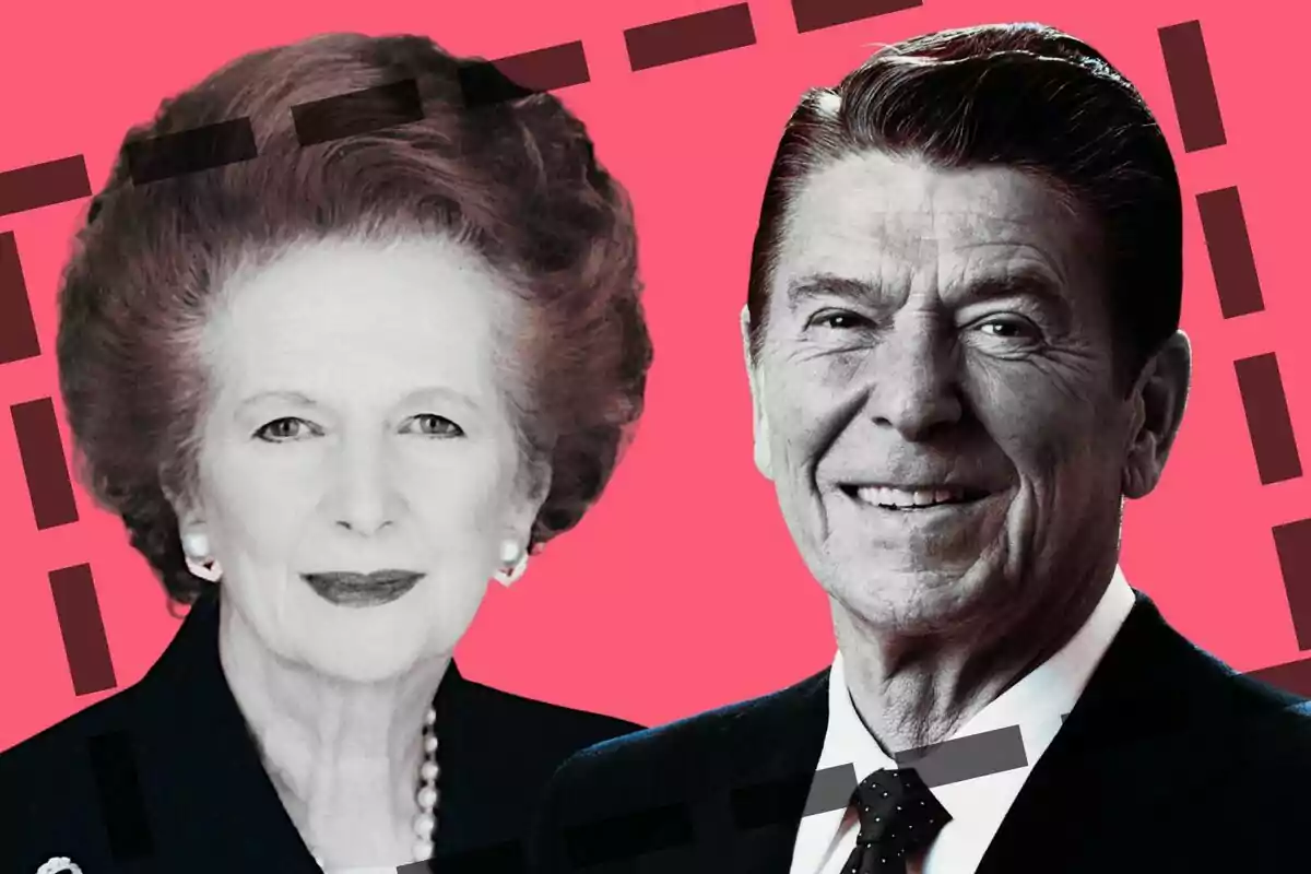 Margaret Thatcher y Ronald Reagan con fondo rosa y elementos gráficos negros.