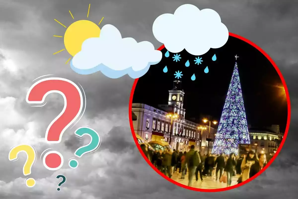 Ilustración de un cielo nublado con símbolos de sol y lluvia junto a una imagen circular de una plaza iluminada con un árbol de Navidad y personas caminando.