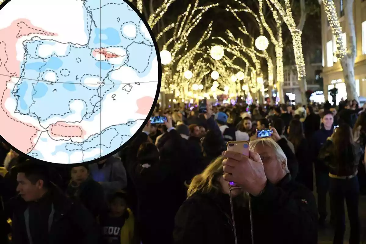 Imagen de varias personas junto a unas luces de Navidad y un mapa de España de la AEMET