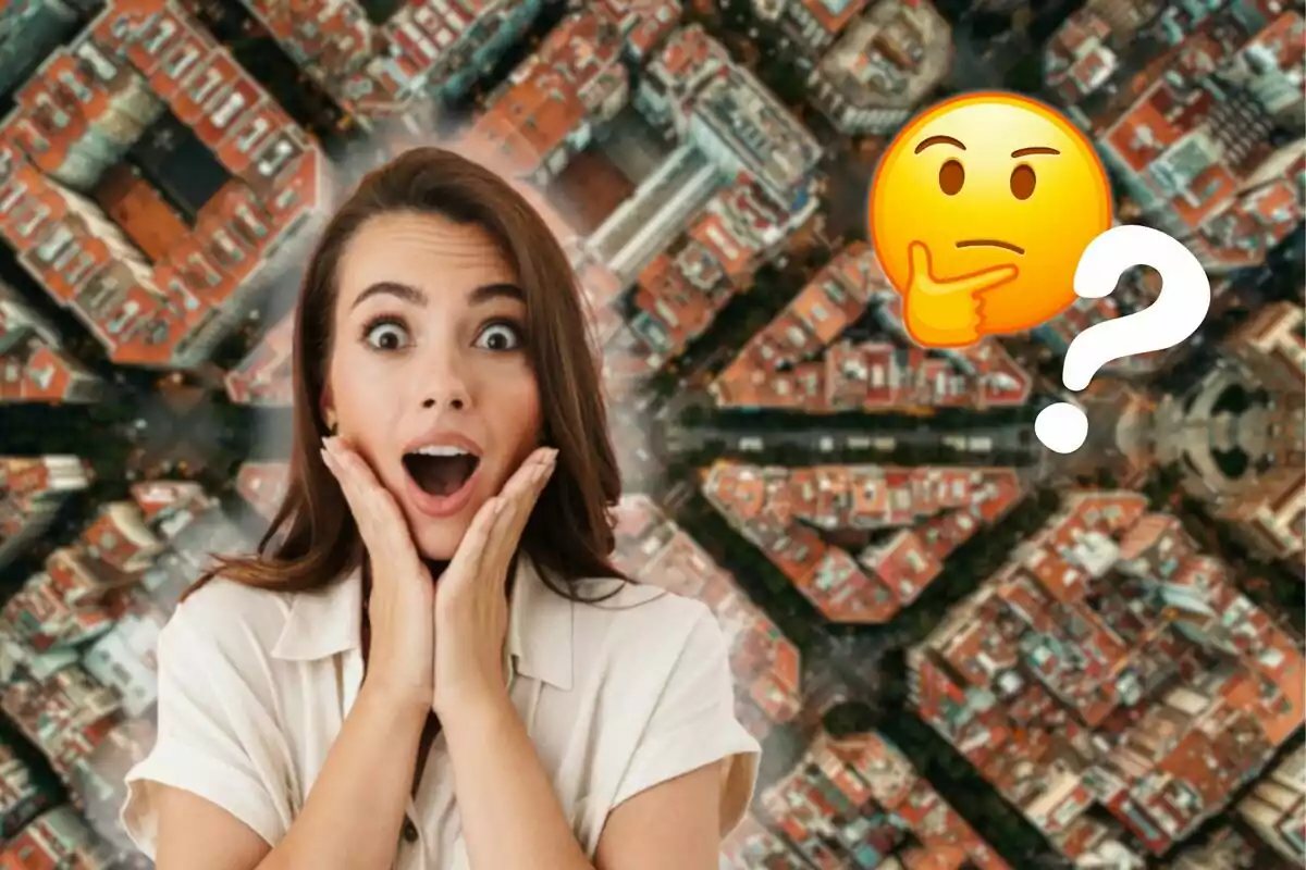 Una mujer con expresión de sorpresa y un emoji pensativo sobre un fondo de una ciudad vista desde arriba.