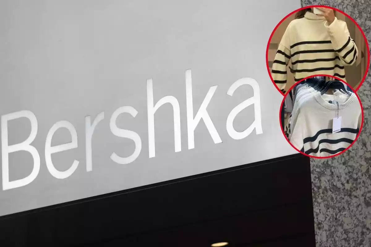 Tienda Bershka y primer plano del jersey de cuello subido de rayas