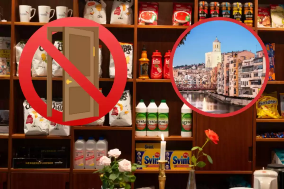 Tienda comestibles con un emoji de una puerta con un prohibido y una imagen de Girona