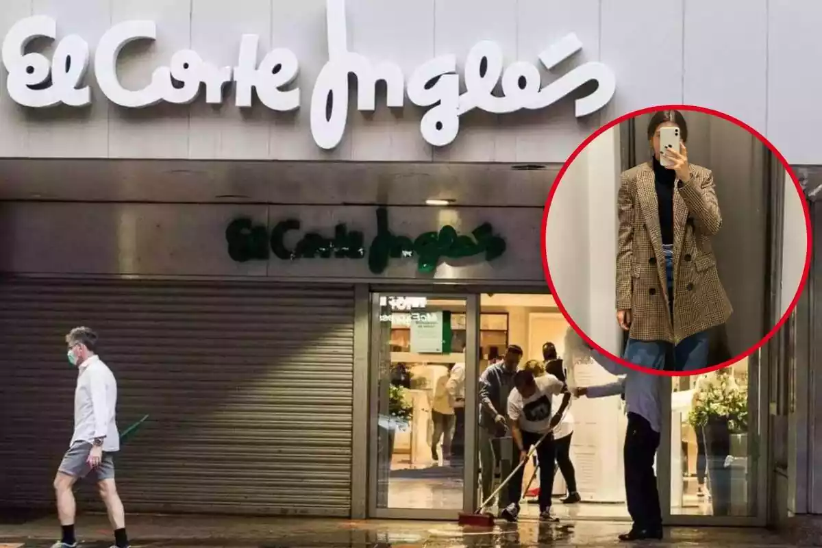 Tienda El Corte Inglés y primer plano de la blazer cruzada de cuadros de Sfera