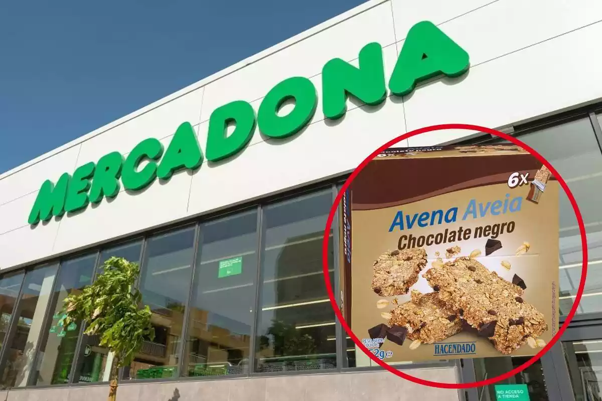 Montaje con el exterior de una tienda de Mercadona y un círculo con la caja de barritas de avena y chocolate negro de la marca Hacendado