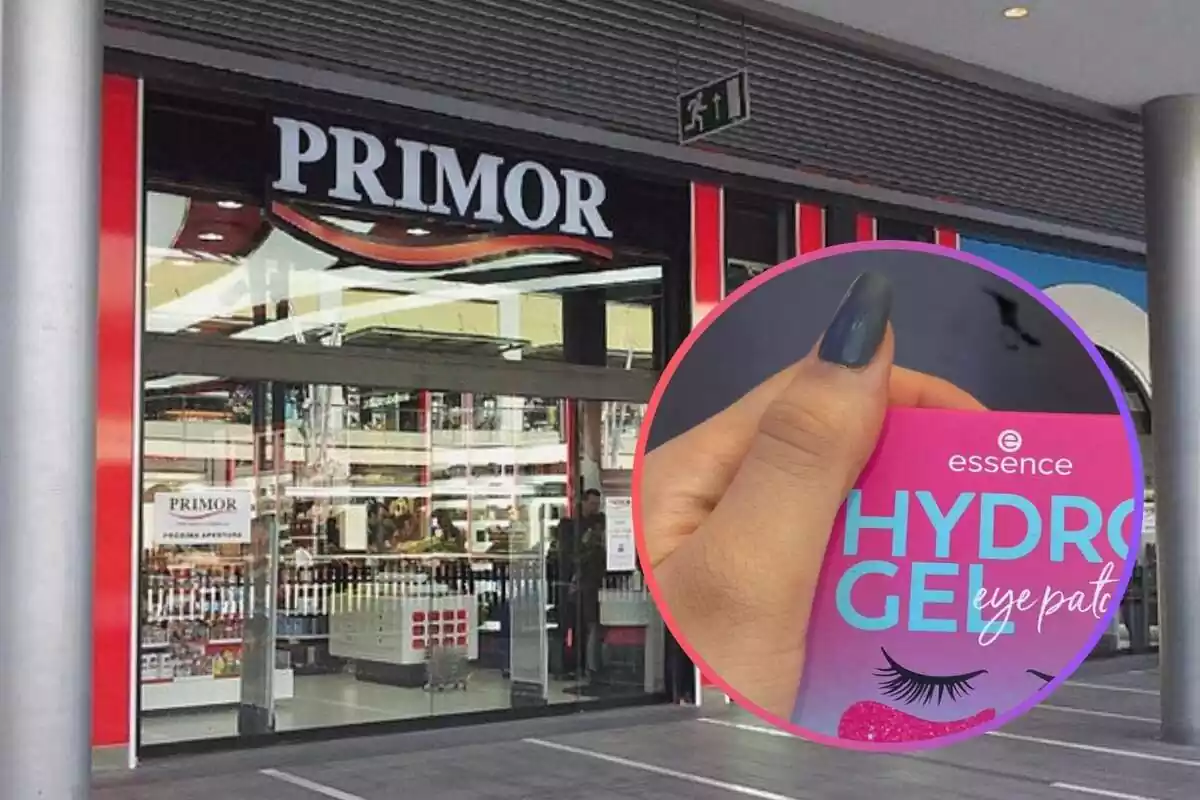 Montaje con el exterior de una tienda de Primor y un círculo con una mano con los parches de ojo hydro gel de Essence