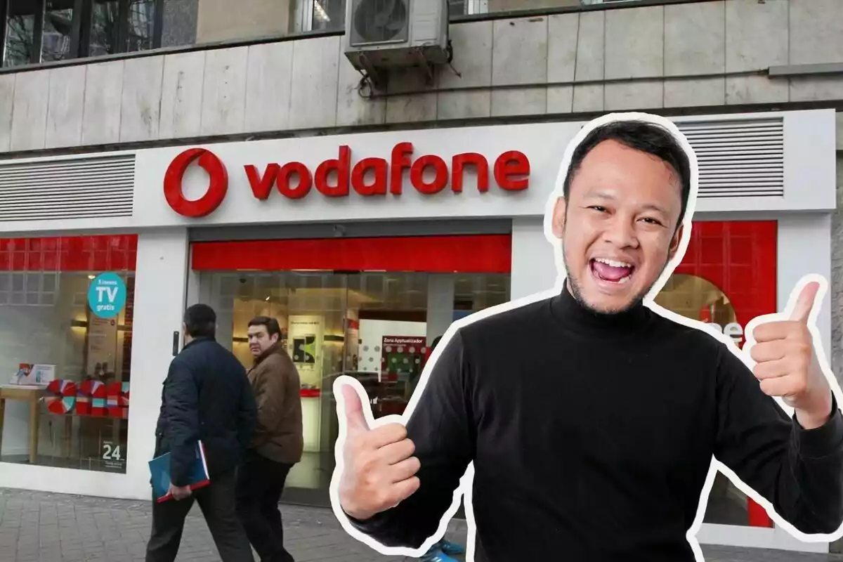 Un hombre sonriente con pulgares arriba frente a una tienda de Vodafone.