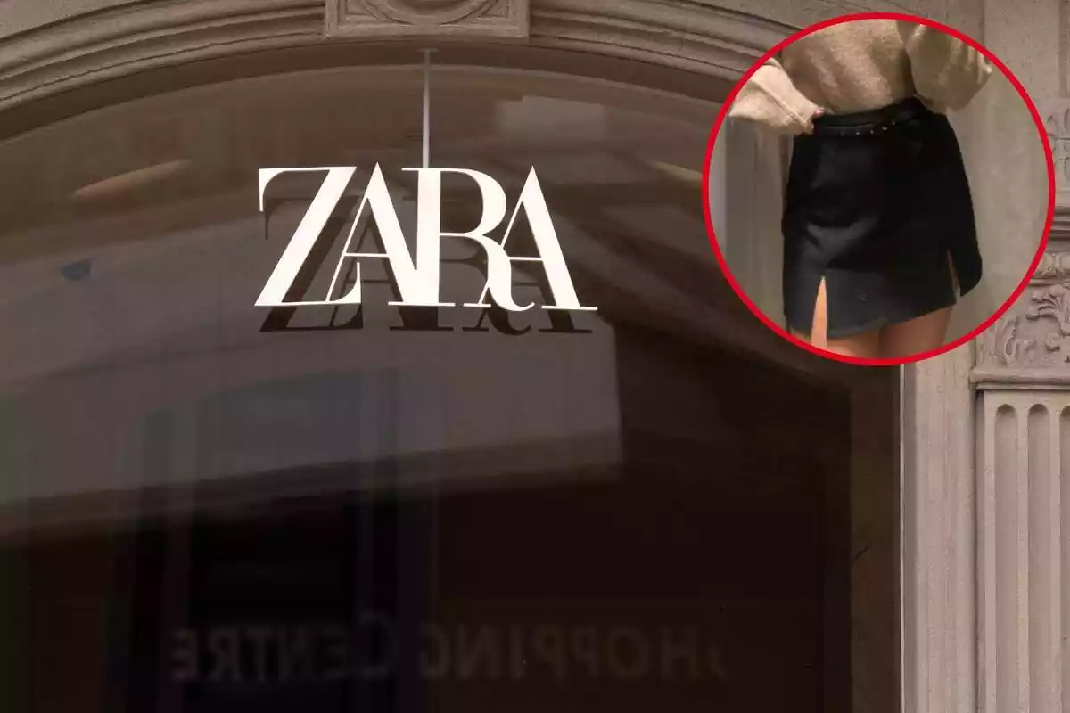 Tienda Zara y Primer plano de la falda pantalon con aberturas gris