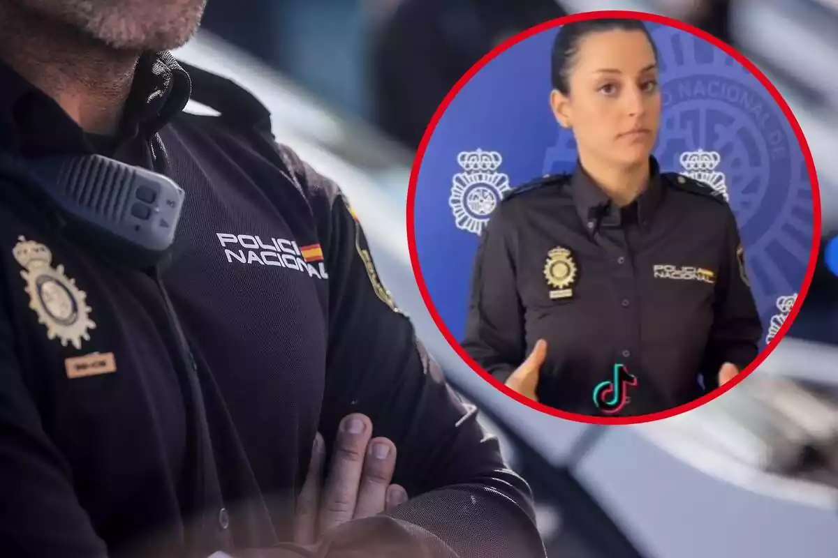 Imagen de fondo del pecho de un agente de la Policía Nacional con el uniforme puesto y otra imagen en primer plano de una agente de la Policía Nacional con un logo de Tik Tok