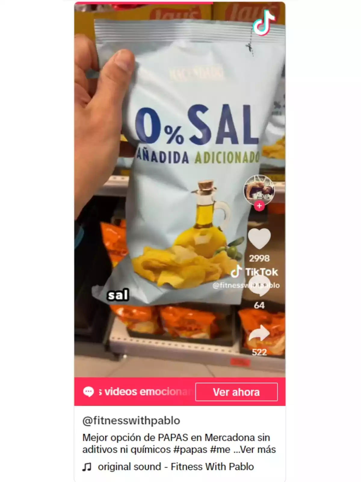 Vídeo de @fitnesswithpablo en TikTok donde enseña las patatas de bolsa más sanas de Mercadona Vídeo de @fitnesswithpablo en TikTok donde enseña las patatas de bolsa más sanas de Mercadona