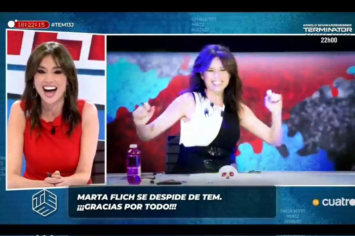 Presentadora sonriente en un programa de televisión con un mensaje de despedida que dice Marta Flich se despide de Todo es Mentira gracias por todo Presentadora sonriente en un programa de televisión con un mensaje de despedida que dice Marta Flich se despide de Todo es Mentira gracias por todo