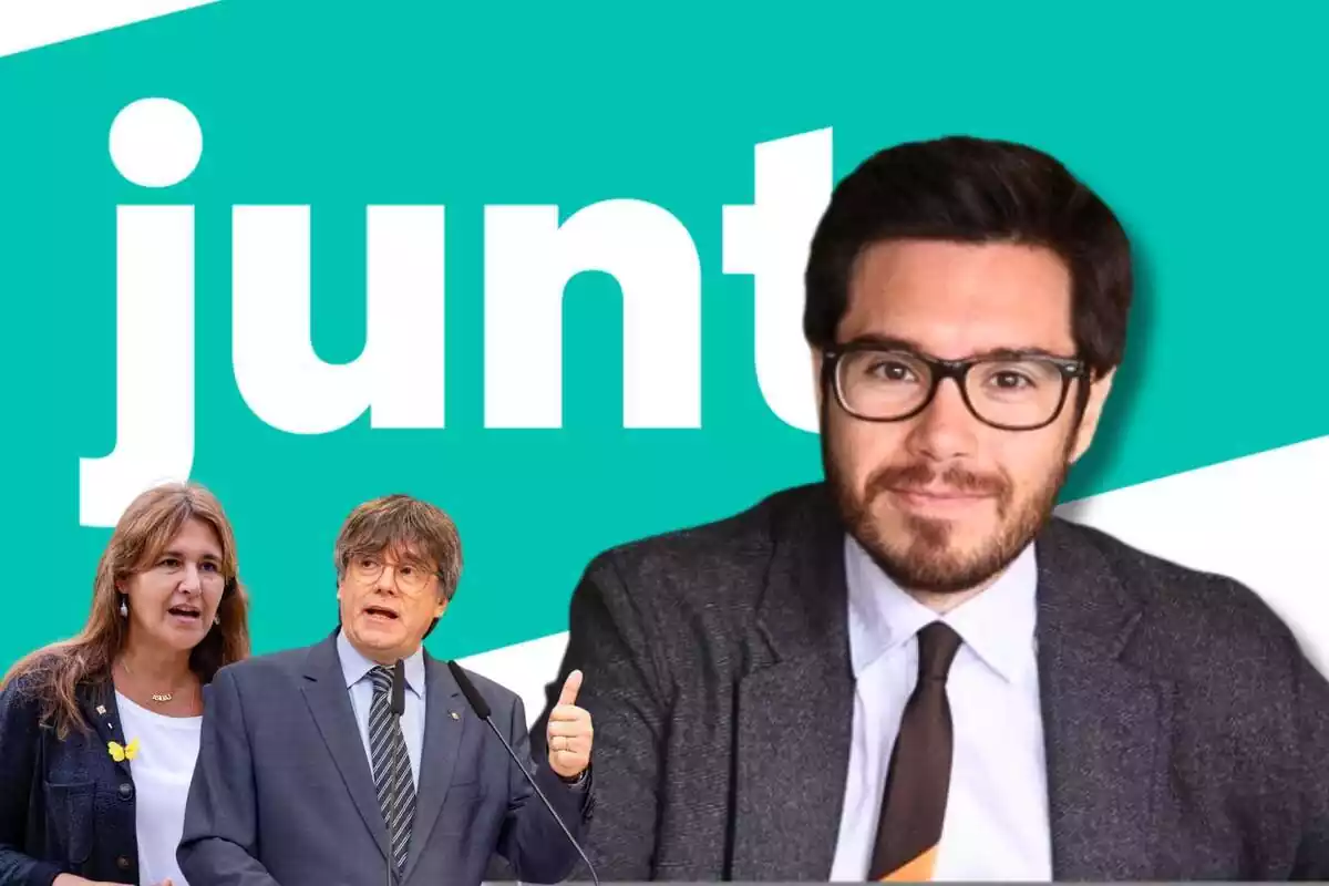 Montaje fotográfico con el periodista Toni Aira, con Puigdemont y Laura Borràs, con el logotipo de Junts de fondo