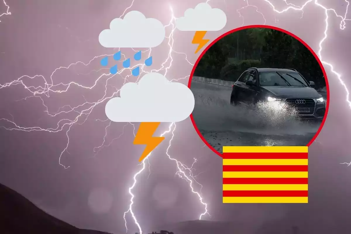 Montaje con rayos y lluvia, la bandera de Cataluña y un coche atravesando un charco de agua
