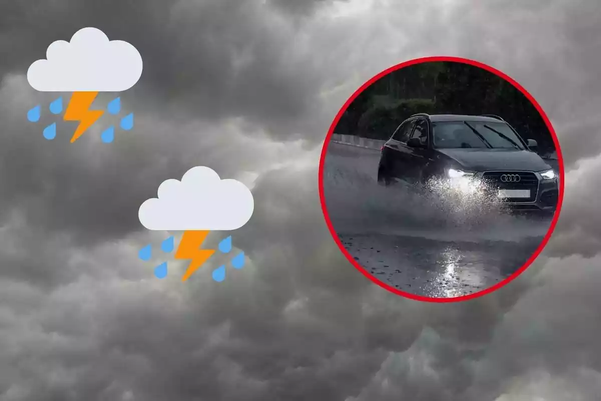 Montaje con un cielo muy amenazador, un coche atravesando un charco de agua y varias nubes de tormenta