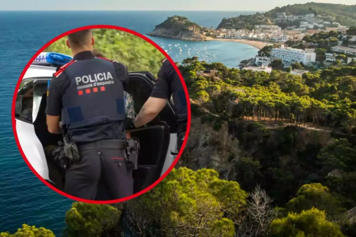 Una imagen muestra a un oficial de policía de los Mossos d'Esquadra arrestando a una persona, con un fondo de un paisaje costero con un pueblo y el mar.