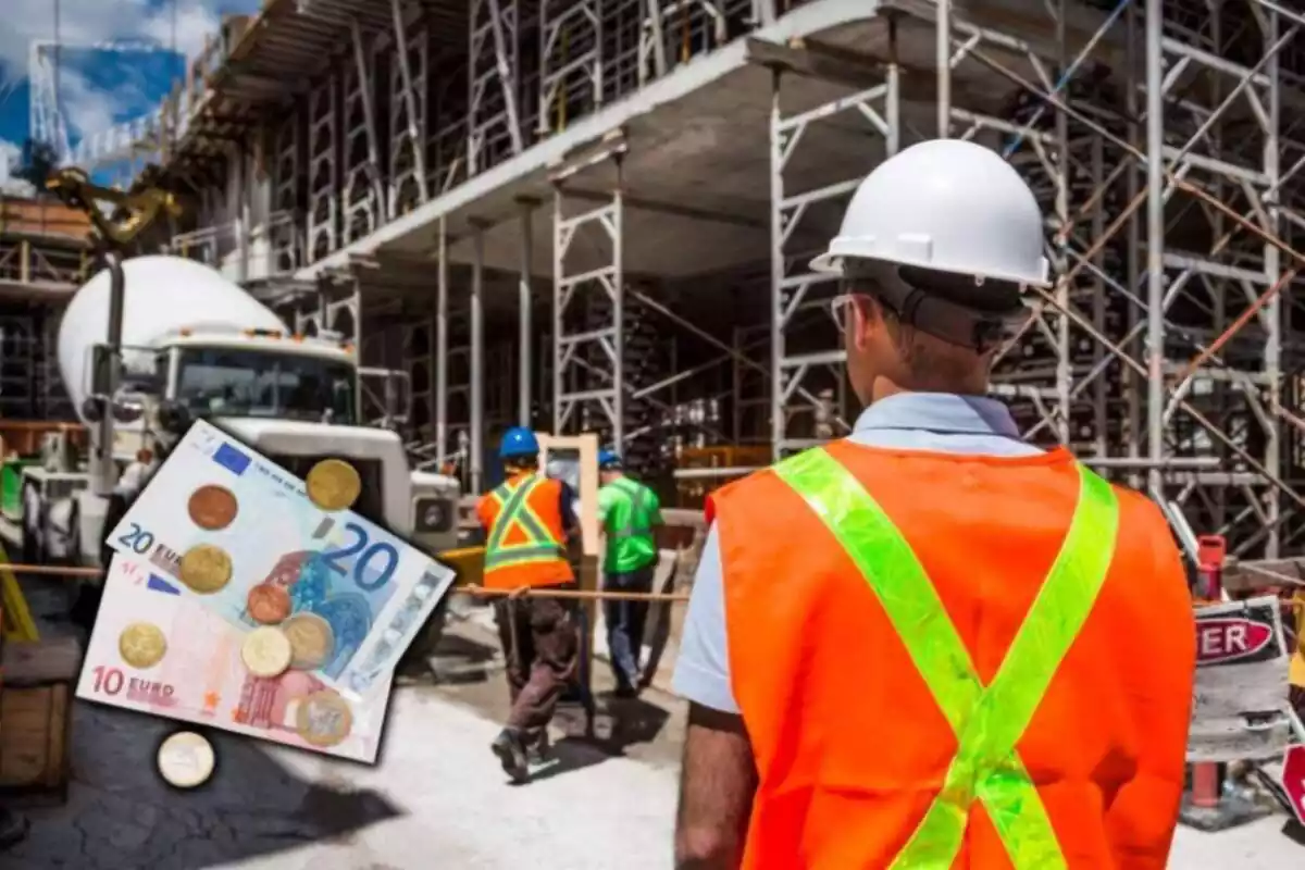 Montaje con euros y varios trabajadores de la construcción en una obra