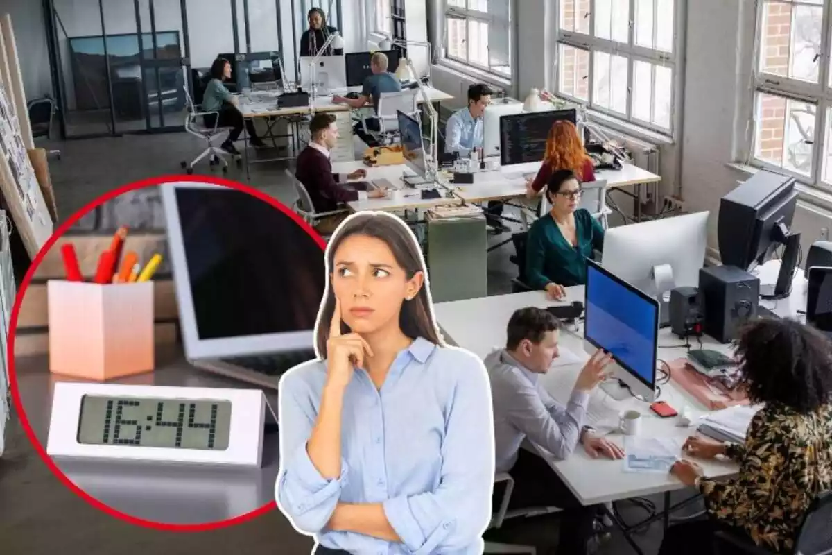 Imagen de fondo de una oficina con persona trabajando, junto a otra imagen de una mujer con gesto pensativo y otra imagen de un reloj digital que marca las 16:44 de la tarde