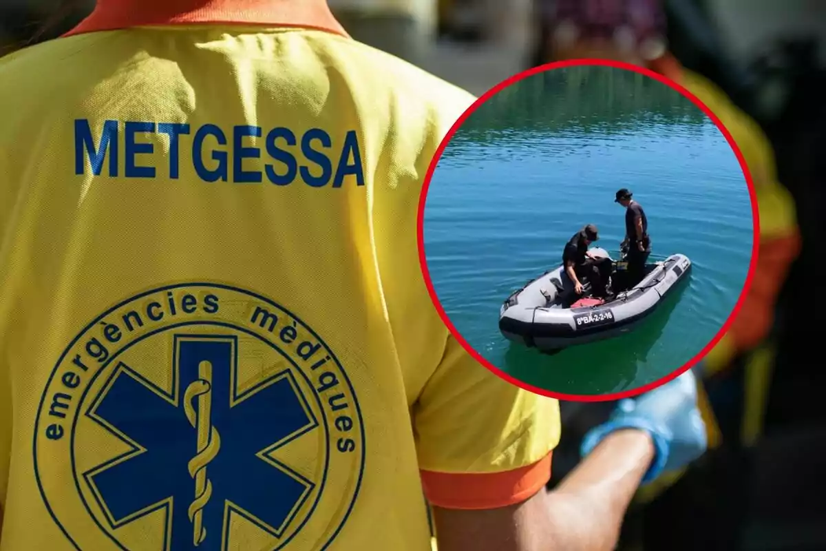 Persona con camiseta amarilla de emergencias médicas con la palabra "METGESSA" en la espalda y un círculo con una imagen de dos personas en una lancha inflable sobre el agua.