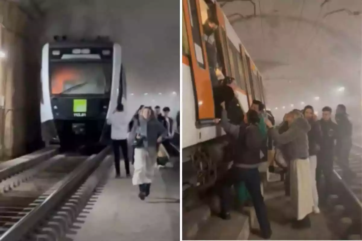 Imagen de varias personas huyendo de un tren de Ferrocarrils después de que este se incendiase en Cerdanyola del Vallès