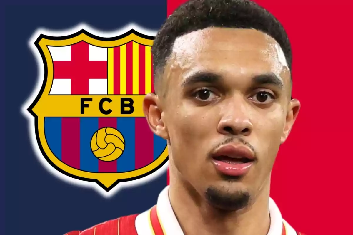 Un jugador de fútbol con el escudo del FC Barcelona de fondo.