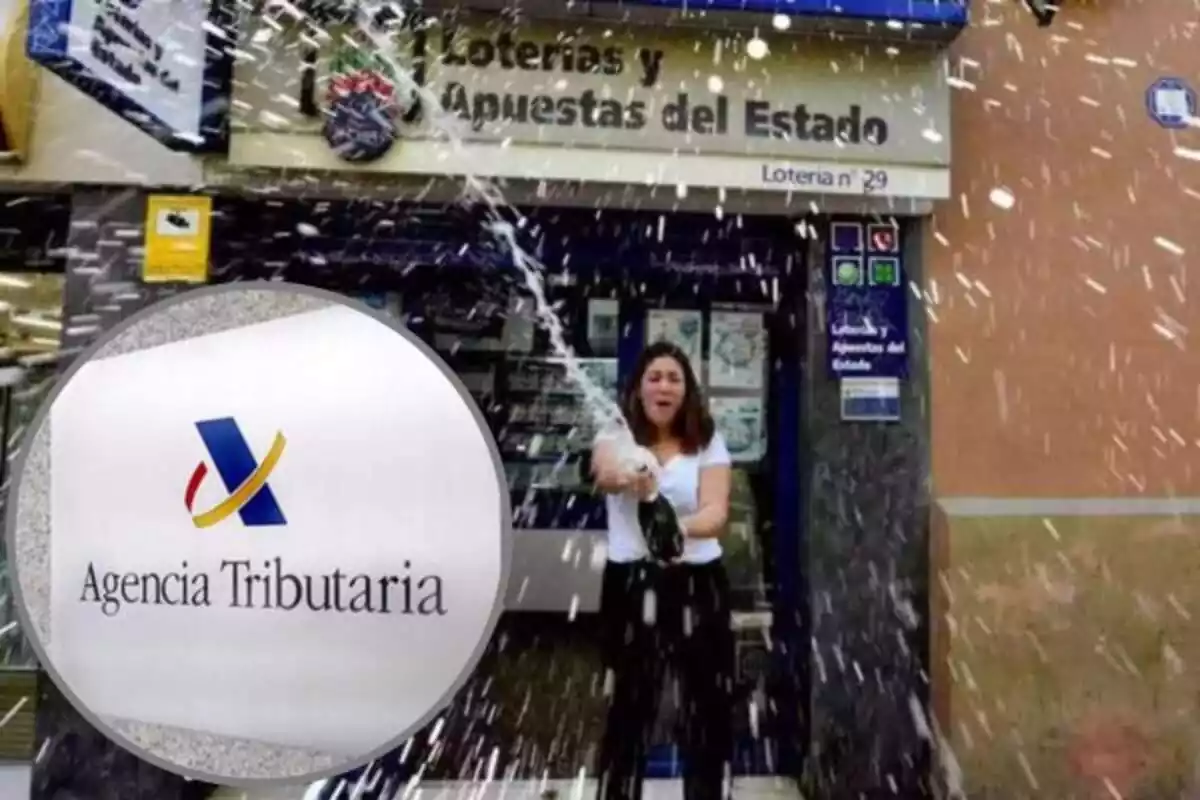 Mujer celebrando el premio de la lotería de navidad con el logo de la agencia tributaria española