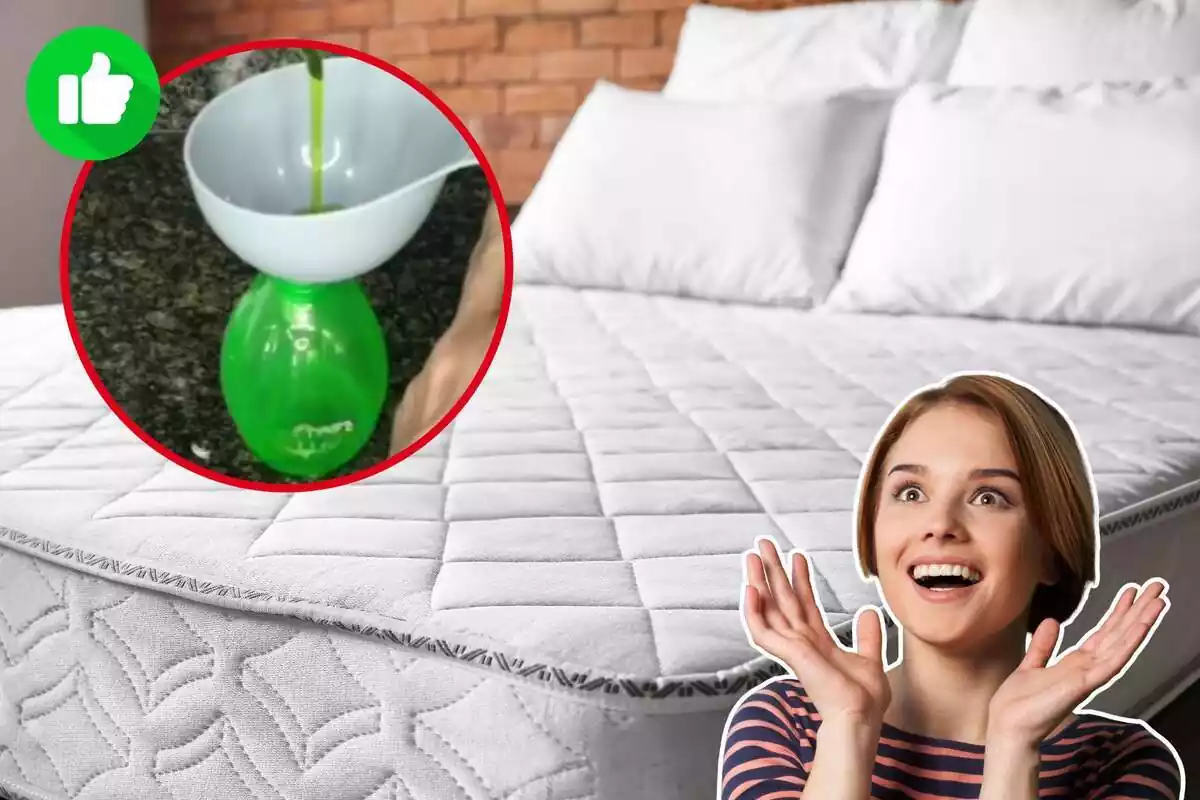 Imagen de fondo de un colchón junto a otra imagen de un vídeo de TikTik de unos recipientes con jabón y otra imagen de una mujer sorprendida