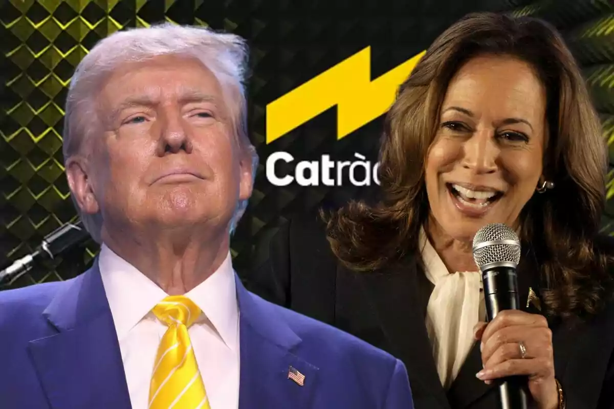 Donald Trump y Kamala Harris en un montaje con un fondo de un estudio de Catalunya Ràdio