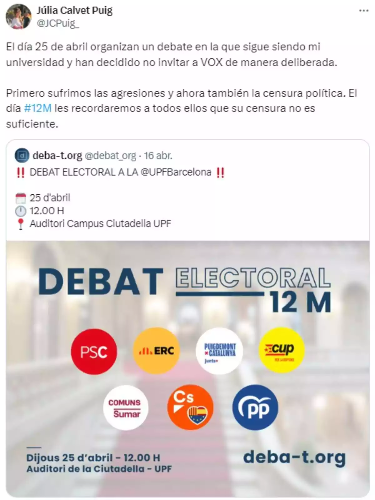 Tuit de Julia Calvet por que la UPF no ha invitado a Vox a un debate Tuit de Julia Calvet por que la UPF no ha invitado a Vox a un debate