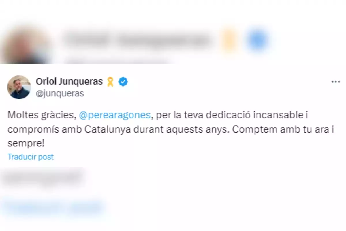 Tuit de Oriol Junqueras despidiendose de Pere Aragonès Tuit de Oriol Junqueras despidiendose de Pere Aragonès