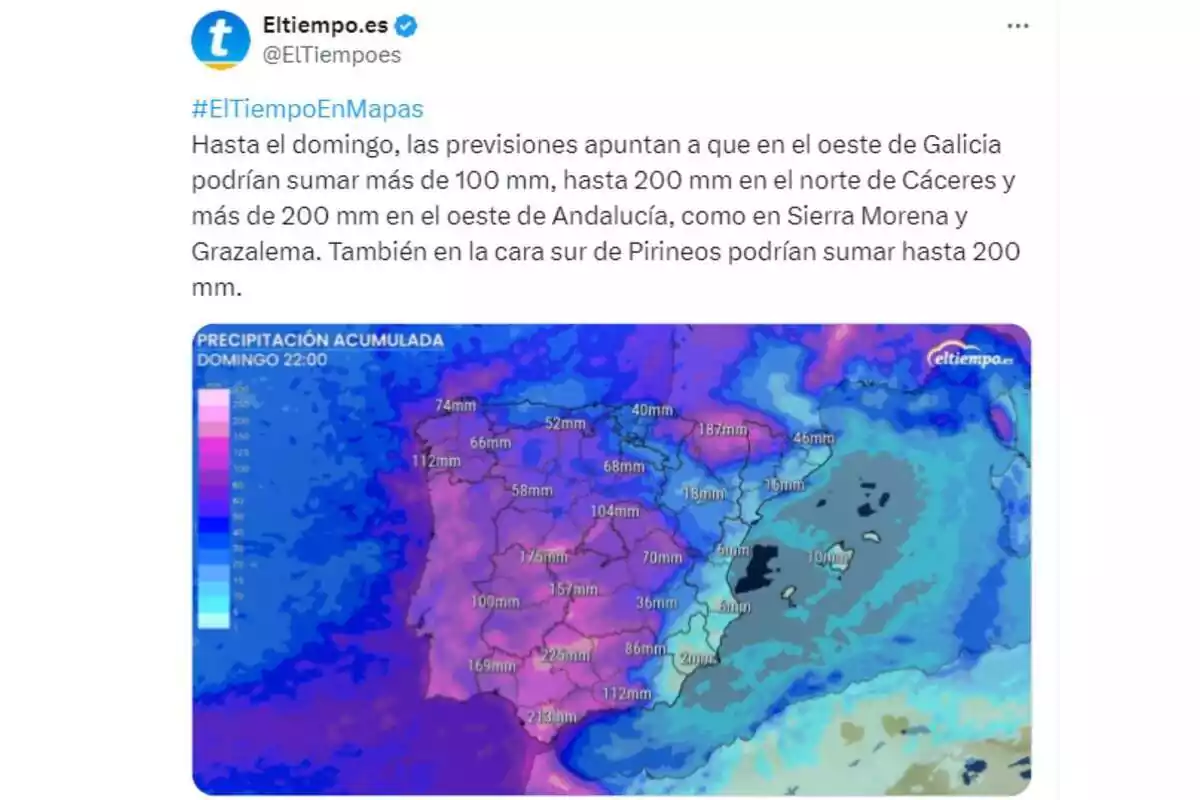 Captura de pantalla con la previsión de acumulación de lluvia para esta semana Captura de pantalla con la previsión de acumulación de lluvia para esta semana