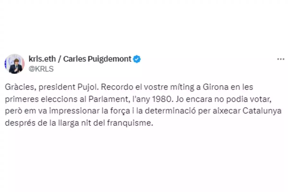 Tuiit Puigdemont dandole las gracias al expresident Jordi Pujol Tuiit Puigdemont dandole las gracias al expresident Jordi Pujol