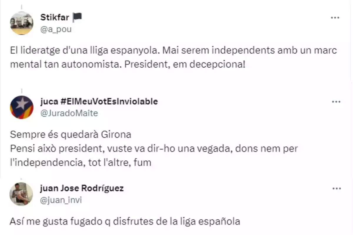 Captura de tres tuits respondiéndo a Carles Puigdemont felicitando al Girona FC Captura de tres tuits respondiéndo a Carles Puigdemont felicitando al Girona FC
