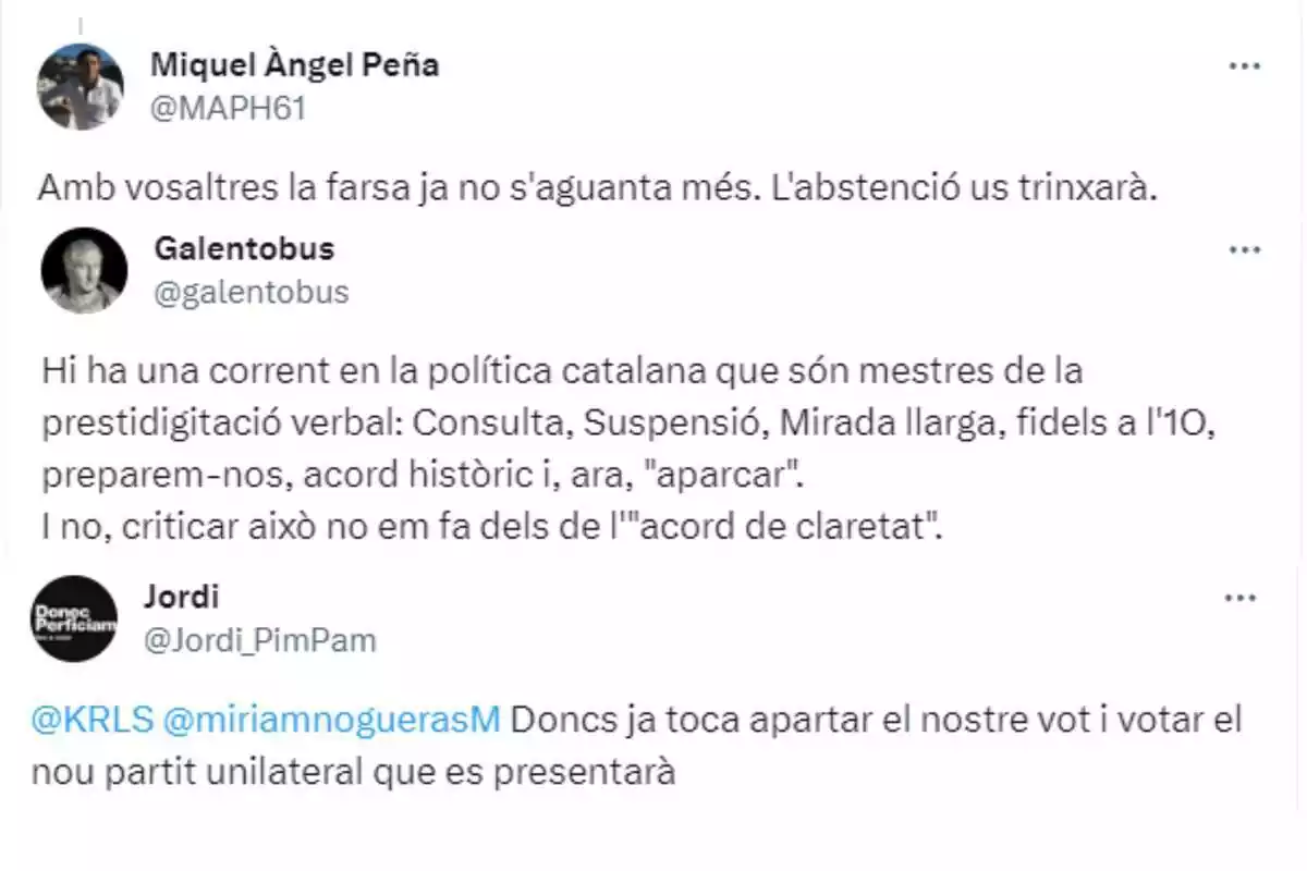 Captura de tres tuits críticos con Junts y Carles Puigdemont Captura de tres tuits críticos con Junts y Carles Puigdemont