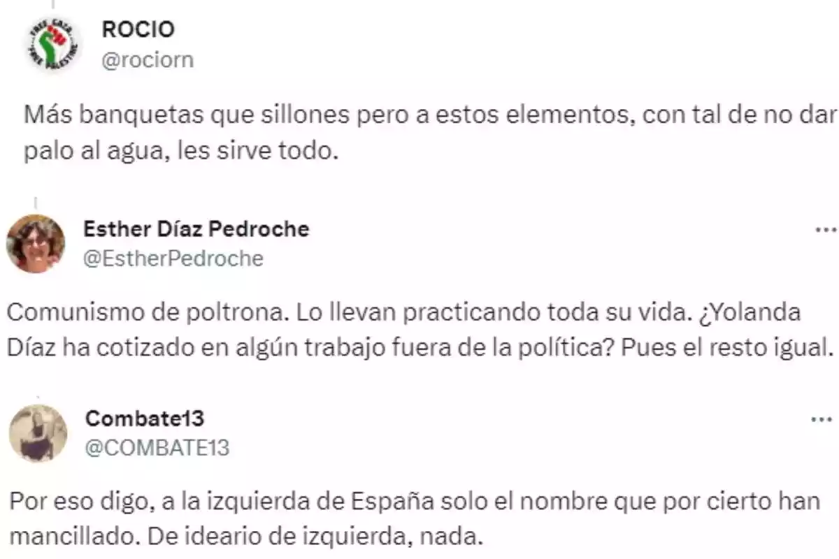 Capturas de tres tuits criticando a Yolanda Díaz Capturas de tres tuits criticando a Yolanda Díaz
