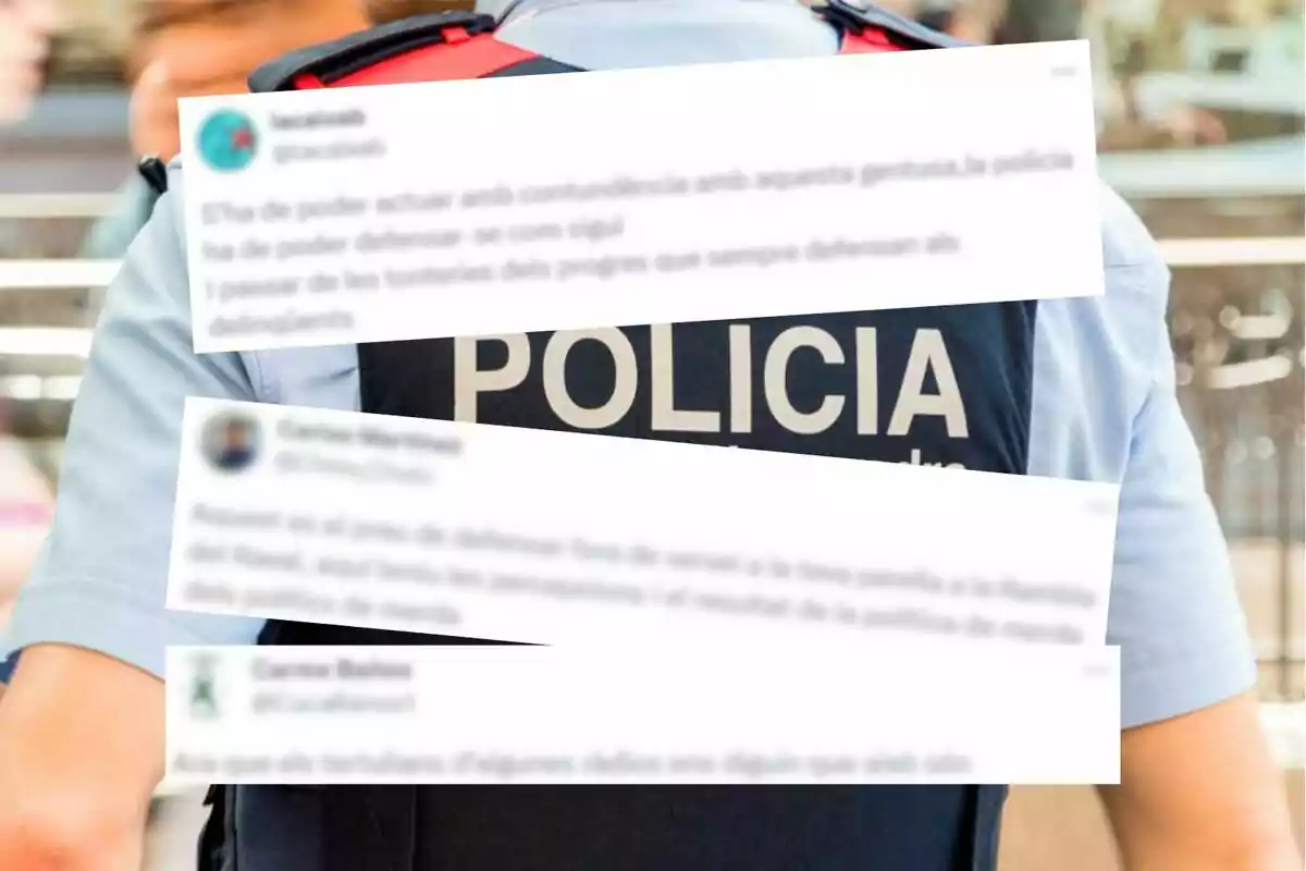 La imagen muestra a un agente de policía de espaldas con varios comentarios superpuestos en catalán.