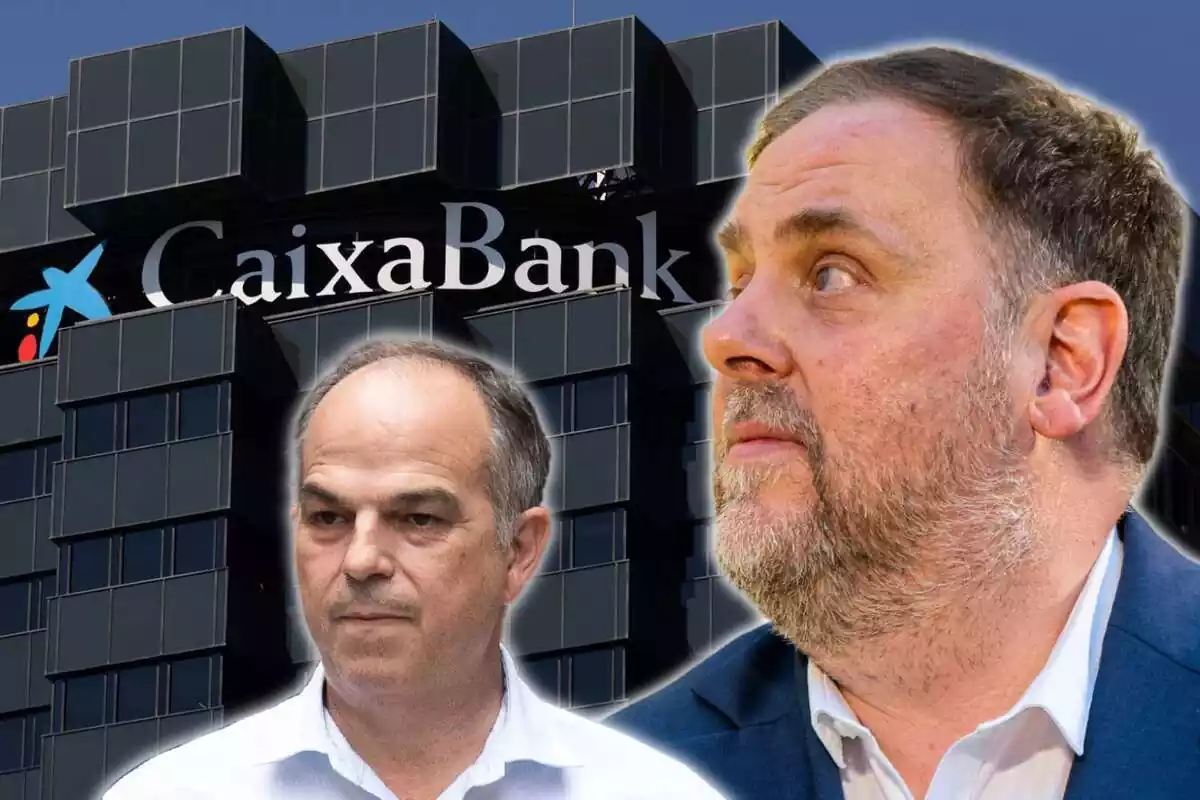 Montaje con un primer plano en grande de Oriol Junqueras mirando hacia la foto de fondo, que es la fachada de la sede de La Caixa, y otro plano corto más pequeño de Jordi Turull